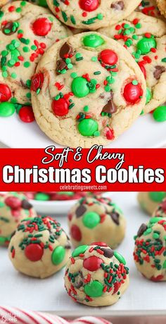 christmas cookies on a white plate with candy and sprinkles in the middle