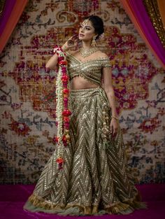 Indian Bridal Wear - Mendhika Lehenga Off Shoulder Blouse Manpreet Toor – bAnuDesigns Bridal Lehenga For Reception, Lehenga For Reception, Manpreet Toor, Mehendi Lehenga, Wedding Bride Dress, Indian Bridal Couture, Mehndi Outfit, Blouse Lehenga, Mehendi Outfit