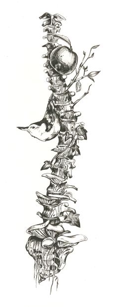 a black and white drawing of a bird sitting on a tree branch with its reflection in the water