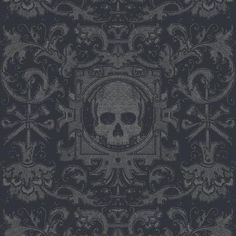 a black and grey wallpaper with a skull in the center, surrounded by ornate scrolls