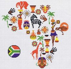 a cross stitch pattern with different items in the shape of africa and other african countries