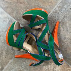 Size 9 Woman’s Green Sandals With Contrasting Heel Counter For Spring, Spring Green Sandals With Contrasting Heel Counter, Green Heels With Contrasting Heel Counter For Spring, Spring Green Heels With Contrasting Heel Counter, Casual Green Heels With 4-inch Heel, Multicolor 4-inch Heel Formal Heels, Lime Green High Heels, Vibrant Multicolor High Heels, Multicolor Synthetic Heels With 4-inch Heel