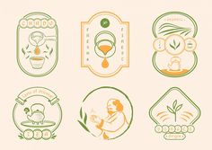 six different logos for tea and coffee shops, each with an image of a woman holding a cup