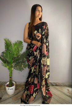 Shop Bollywood Model Black floral sequins party wear saree online at kollybollyethnics from India with free worldwide shipping. Party Wear Sarees Online, Floral Saree, Bollywood Party, Satin Saree, Black Saree, Bridal Sarees, Sequence Work, Latest Sarees, Georgette Saree