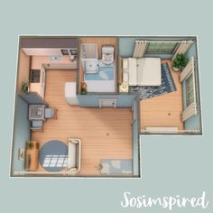 an overhead view of a bedroom and living room in a tiny apartment with wood flooring