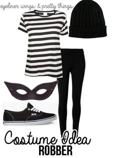 a woman wearing black and white striped shirt, leggings and hat with text reading costume idea robber