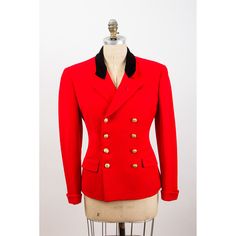 "Absolutely killer vintage 1970s Ralph Lauren red wool equestrian style riding blazer in cherry red wool. Exquisite red blazer with classic black velvet collar, double breasted with gold crested military style buttons 10 in total which can be buttoned on either the right or left side. Turn back cuffs on the sleeves and lined in bright red rayon satin. Double hip pockets, sewn in shoulder pads to the lining of the blazer, double flap hip pockets. Hand stitching details on the collar and lining. A Vintage Red Blazer With Buttons, Vintage Red Blazer For Formal Occasions, Retro Double-breasted Formal Blazer, Classic Red Double-breasted Blazer, Vintage Red Blazer For Workwear, Red Double-breasted Business Blazer, Red Wool Sport Coat For Work, Red Double-breasted Blazer For Business, Red Tailored Double-breasted Blazer