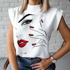 This Unique Women's Face Shirt With Cute Cuffs Is Brand New With Tags And Packaging Still. Made 100% Of Polyester. Sizes Are Asian Sizes And Run Small So If Interested I Would Size Up. You Can Message Me And Send You More Pictures Of Sizes To Determine Which One Works Best For You. Shirt Elegant, Stand Neck, Streetwear Shirts, Casual Shirt Women, Streetwear Summer, Lips Print, Top Streetwear, Womens Tops Summer, Fashion Weeks