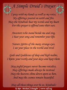 a simple druid's prayer on red background with green wreaths around it