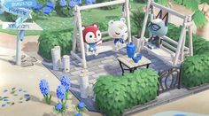 an animal crossing game with blue flowers and trees in the background, while two characters stand on a bench