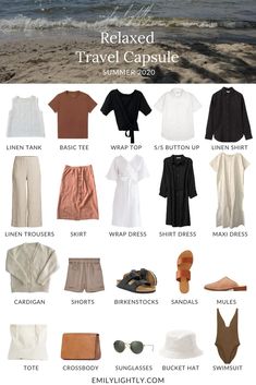 A Relaxed Summer Travel Capsule Wardrobe - Emily Lightly Boho Travel Outfits Summer, Traveler Capsule Wardrobe, Capsule Wardrobe Packing Summer, Comfortable Summer Travel Outfit, Neutral Travel Capsule Wardrobe, Natural And Relaxed Outfits, Summer Closet Capsule, Capsule Wardrobe Trip, Capsule Summer Wardrobe Travel Packing