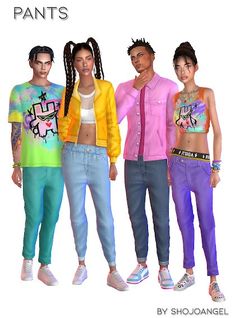 three people standing next to each other wearing different colored clothes and shirts with the words pants on them