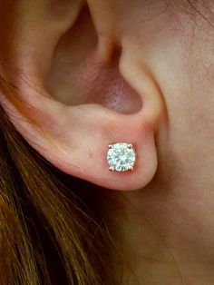 14K Solid gold & cubic cut zirconia solitaire earring. Zirconia Stone ~ 2×6mm Gold And Diamond Earrings Studs, Solitaire Tops Design, Diamond Ear Tops Designs, Earrings Gold Diamond, Gold Earing Tops Design New, Diamond Stud Earrings On Ear Size, Soliter Earrings, One Stone Earrings Gold, Ear Rings Diamond