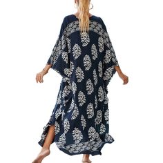 Navy Blue Print Long Kinimo Beachwear Casual Boho Print Beach Dress, Blue Bohemian Cover-up For Resort Season, Casual Blue Flowy Cover-up, Blue Printed Beach Dress, Blue Printed Beach Party Dress, Summer Blue Cotton Kaftan, Blue Printed Beach Dress For Beach Season, Blue Printed Beach Dress For Beach Party, Casual Blue Printed Beach Dress