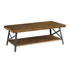 a wooden coffee table with metal legs