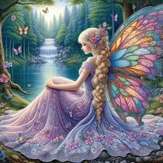 a painting of a fairy sitting on the ground next to a waterfall with butterflies flying over it