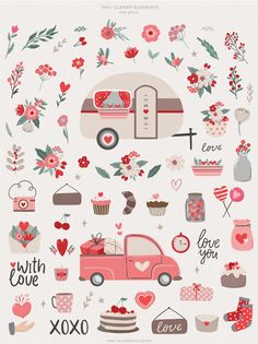 an image of valentine's day stickers with flowers, hearts and a camper