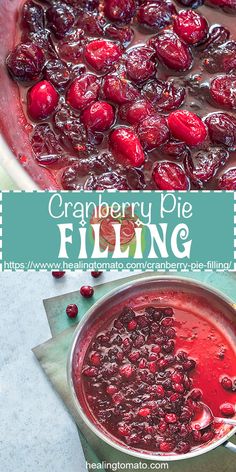 cranberry pie filling in a pan with cherries on the side and text overlay