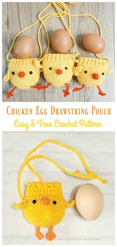 crochet chicken egg drawstring pouch and three eggs in the same pattern