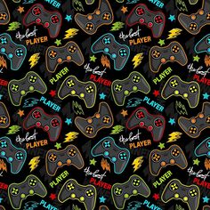 seamless pattern with video game controllers and text on black background stock photo - premium royalty