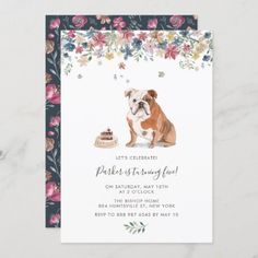 a card with a dog and flowers on it