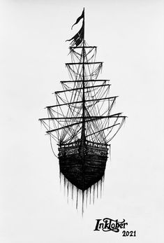 an ink drawing of a ship in the water with a flag on it's mast