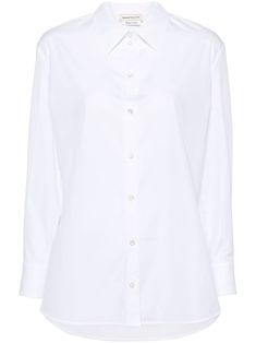 optical white cotton poplin texture classic collar front button fastening long sleeves buttoned cuffs curved hem Shirt White, Cotton Poplin, White Cotton, Cotton Shirt, Alexander Mcqueen, Blouses For Women, Top Shirt, Alexander, Womens Shirts