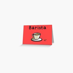 a red card with the words barista on it and a cup of coffee in front