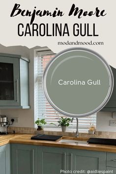 a kitchen with gray cabinets and white walls, the words carolina gulf painted over it