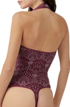 Love to layer in this halter bodysuit covered in a swirling design. Halter neck 82% nylon, 10% polyester, 8% spandex Machine wash, dry flat Made in the USA Stretch Bandeau Bodysuit For Party, Halter Neck High Stretch Bodysuit With Lined Body, Nylon Halter Neck Bodysuit With Lined Body, High Stretch Halter Neck Bodysuit With Lined Body, Seamless Strapless Bodysuit For Party, Elegant Stretch Halter Neck Bodysuit, Elegant Fitted Bandeau Bodysuit, Elegant Stretch Bandeau Bodysuit, Strapless Seamless Party Bodysuit