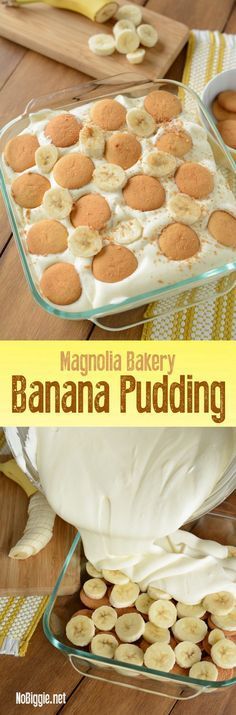 banana pudding in a glass baking dish on a wooden table with bananas around the edges