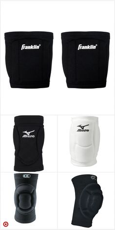 four different types of knee pads with logos on the front and back, all in various colors