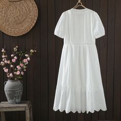 Women's Embroidery Floral Dress Boho Midi Dress White V-neck Dress With Geometric Embroidery, Bohemian Cotton Dress With Cutwork Hem, Spring V-neck Dress With Geometric Embroidery, Bohemian Cotton Dresses With Broderie Anglaise, Casual V-neck Dress With Embroidered Hem, Casual Midi Dress With Floral Embroidery, Casual Midi-length Dress With Floral Embroidery, Cotton Broderie Anglaise Knee-length Dress, White Bohemian Dress With Cutwork Hem