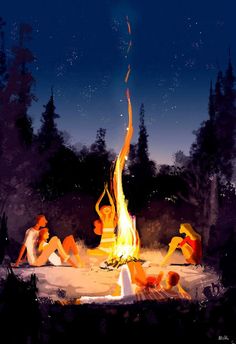 people sitting around a campfire at night