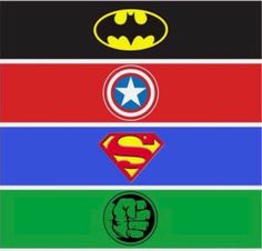 batman, superman logo, and captain america symbol on different colored stripes with the same color