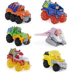 six toy trucks with different colors and designs