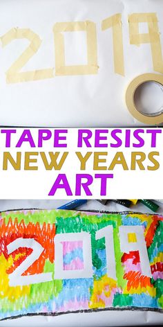 the tape resist new year's art project is on display in front of a sign