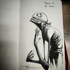 a drawing of a person with a helmet on their head and hands behind his back