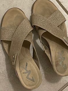 Material: fabric leather  Size: 8 1/2 Medium  Brand :Ann Klein  Women Shoes Sport wedge shoes  Tan gold color Good condition Casual Gold Slip-on Wedge Sandals, Gold Slip-on Synthetic Wedge Sandals, Gold Synthetic Slip-on Wedge Sandals, Shoes Sport, Womens Sandals Wedges, Womens Wedges, Womens Slippers, Wedge Shoes, Sports Women