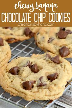 chocolate chip cookies on a cooling rack with text overlay that reads, chewy banana chocolate chip cookies