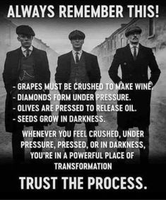 three men in suits and ties standing next to each other with the words trust the process