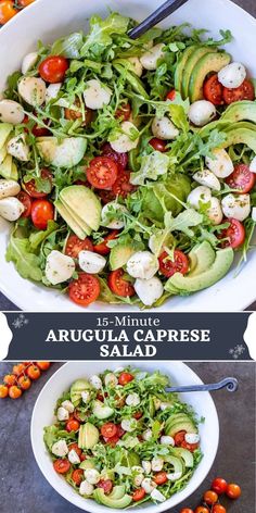 a salad with avocado, tomatoes and mozzarella cheese in the middle