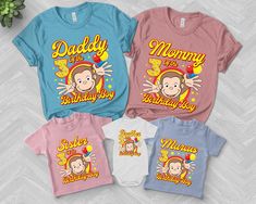 three t - shirts with monkeys on them and the words mommy, monkey birthday boy