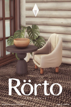 a chair and table in front of a window with the word roroto on it