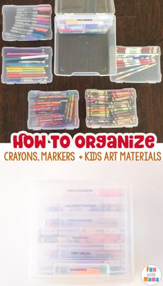 several plastic containers filled with crayons on top of a wooden table