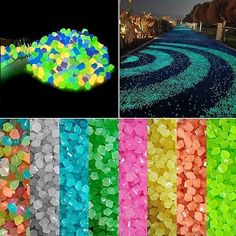 there are many different colors of rocks in the street and on the ground, with one color changing from green to blue