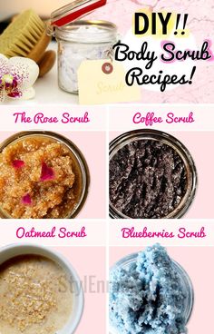 DIY BODY AND FACE SCRUBS|BEAUTY CARE Body Scrub Recipes, Body Scrub Homemade Recipes, Rose Scrub, Baking Soda Scrub, Oatmeal Scrub, Coffee Scrub Diy, Sugar Scrub For Face, Body Scrub Recipe, How To Make Greens