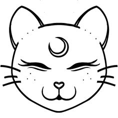 a black and white drawing of a cat's face with the moon above it