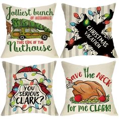 four pillows with christmas sayings on them, one for the car and one for the truck