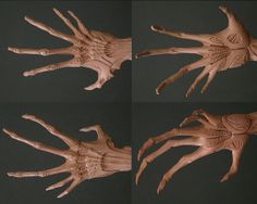 four different views of the hands and body of a creature